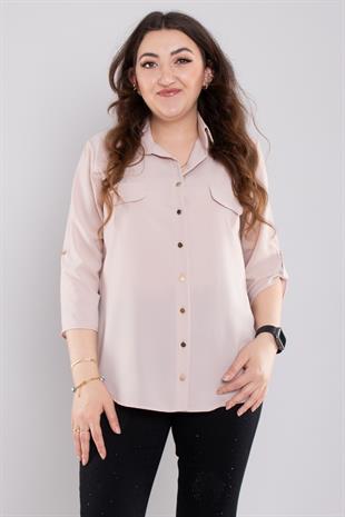 1608 Büyük Beden Cep Kapaklı Truvakar Kol Şifon Düğmeli Gömlek