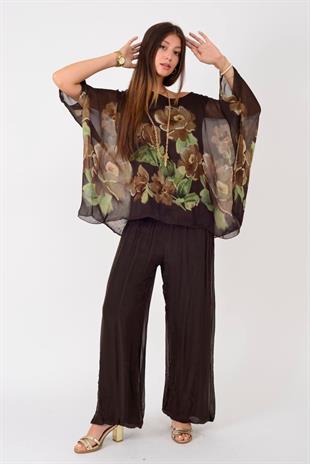 1688 Yapraklı Çiçekler Desen 2li İpek Bluz