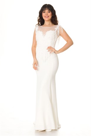 18117 YAKASI SIRTI PÜSKÜL VE TAŞLI UZUN ELBİSE