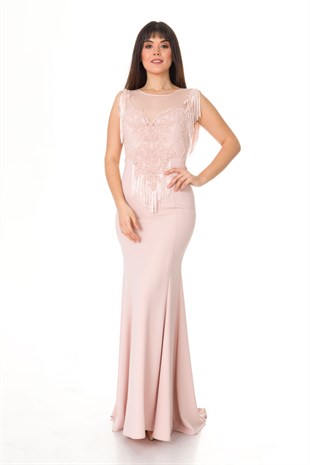 18117 YAKASI SIRTI PÜSKÜL VE TAŞLI UZUN ELBİSE