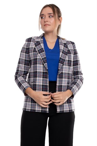 1892 Büyük Beden Ekose Tek Düğme Kadın Ceket