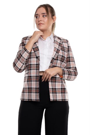 1892 Büyük Beden Ekose Tek Düğme Kadın Ceket