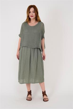 19056 Düz Desen Fileli İkili Keten Elbise