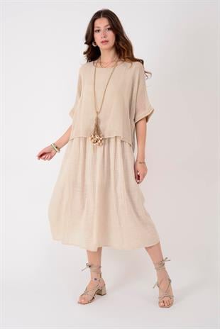 19056 Düz Desen Fileli İkili Keten Elbise