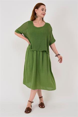 19056 Düz Desen Fileli İkili Keten Elbise