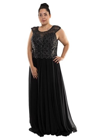 19131 Büyük Beden Üzeri Pulpayet Nakış İşleme İpek Saten Uzun Elbise