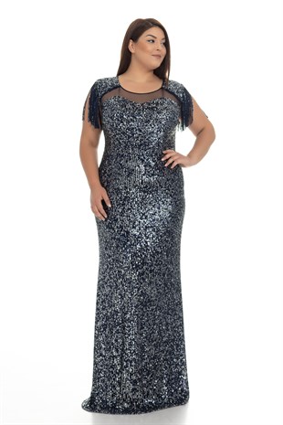 19164 BB Omuz Püskül Pulpayet Uzun Elbise