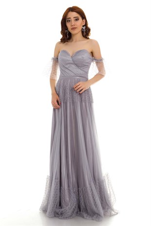 20129 KB Öpücük Yaka Simli Tül Prenses Uzun Elbise