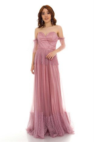 20129 KB Öpücük Yaka Simli Tül Prenses Uzun Elbise