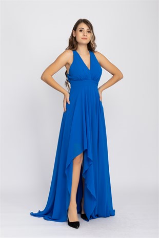 2013 KB Kruvaze Yaka Sırtı Çapraz Tül Uzun Şifon Elbise