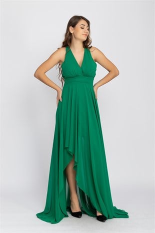 2013 KB Kruvaze Yaka Sırtı Çapraz Tül Uzun Şifon Elbise