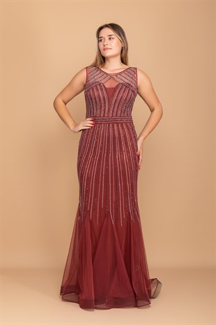 20156 BB Sıra Taş İşleme Uzun Balık Tül Elbise