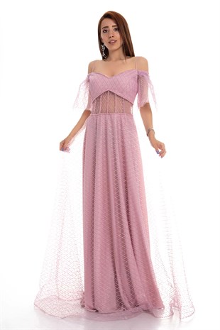 20177 KB Madonna Yaka Transparan Detay Simli Tül Elbise