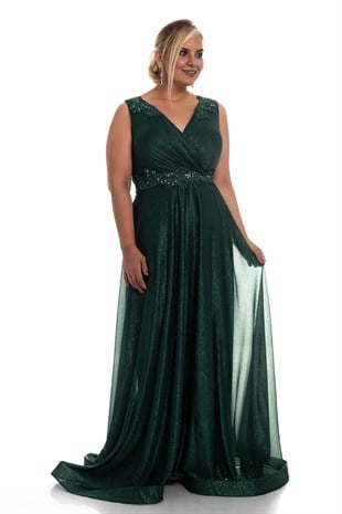 20178 BB Kruvaze Yaka Bel Omuz Taşlı Simli Uzun Abiye