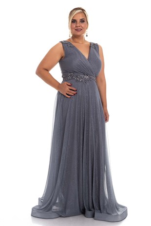 20178 BB Kruvaze Yaka Bel Omuz Taşlı Simli Uzun Abiye