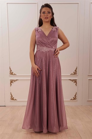 20178 BB Kruvaze Yaka Bel Omuz Taşlı Simli Uzun Abiye