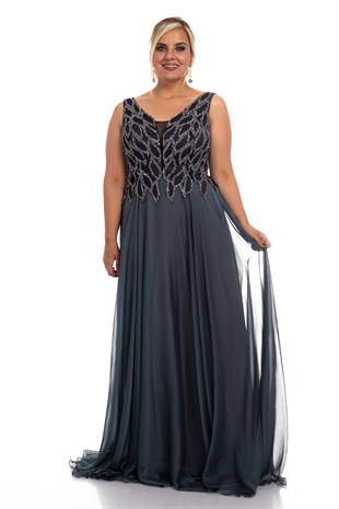 20191 Büyük Beden Suyolu Taş Baskılı Saten Uzun Elbise