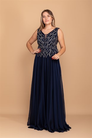 20191 Büyük Beden Suyolu Taş Baskılı Saten Uzun Elbise