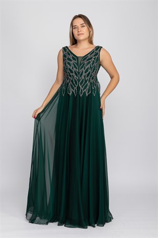 20191 Büyük Beden Suyolu Taş Baskılı Saten Uzun Elbise