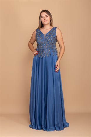 20191 Büyük Beden Suyolu Taş Baskılı Saten Uzun Elbise