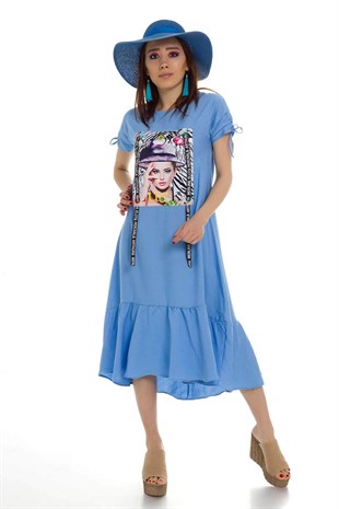 2020-829 Baskılı Keten Elbise