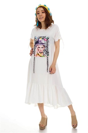 2020-829 Baskılı Keten Elbise