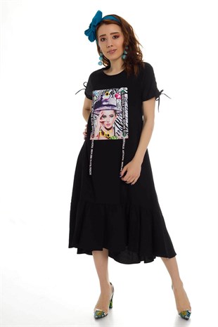 2020-829 Baskılı Keten Elbise