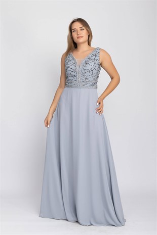 20202 BB Beli Taş Şerit Pul İşlemeli Krep Şifon Uzun Elbise