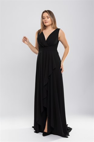 2023 Büyük Beden Kruvaze Yaka Astarlı Eteği Fırfır Detay Uzun Tül Elbise