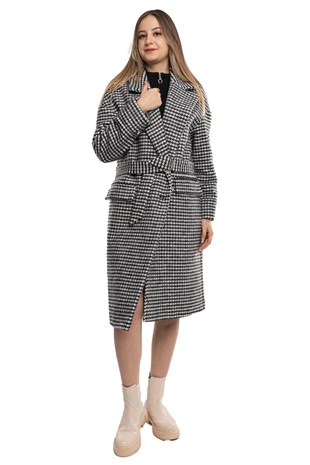 20252 Kazayağı Kuşaklı Düğmeli Pamuklu Uzun Kadın Kaban