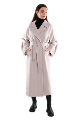 20266 Kırçıllı Kuşaklı Kadın Uzun Kaşe Kaban