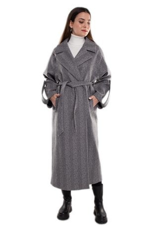20266 Kırçıllı Kuşaklı Kadın Uzun Kaşe Kaban