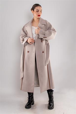 20268 Kırçıllı Kol Apoletli Deri Detay Düğmeli Uzun Kaşe Kaban