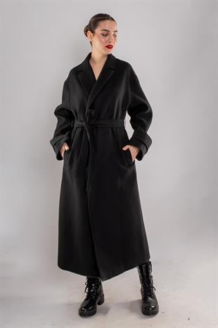 20276 Kuşaklı Kol Apoletli Erkek Yaka Kaşe Kaban