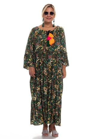 2040 BB Fakir Kol Etnik Desen Yakası Büzgülü Pamuk Viscon Elbise