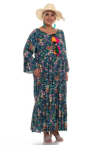 2040 BB Fakir Kol Etnik Desen Yakası Büzgülü Pamuk Viscon Elbise