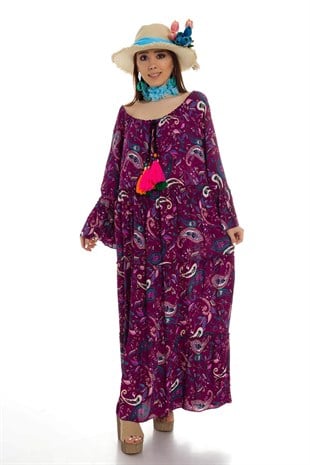 2040 BB Fakir Kol Etnik Desen Yakası Büzgülü Pamuk Viscon Elbise