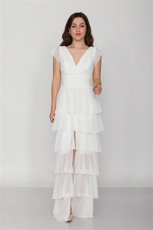 2040 KB Eteği Katkat Kruvaze Yaka Uzun Elbise