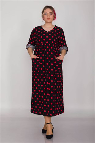 2041-1 İri Puantiyeli Cepli FakirKol Pamuk Viscon Elbise