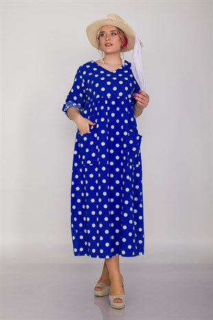 2041-1 İri Puantiyeli Cepli FakirKol Pamuk Viscon Elbise