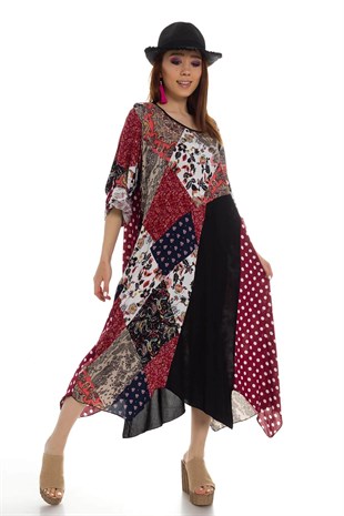 2045 BB Karışık Desen Etek Ucu Asimetrik Kesim Pmuk Viscon Elbise