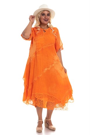 2049 Asimetrik Güpür Detay K.Kol Pamuk Batik Elbise