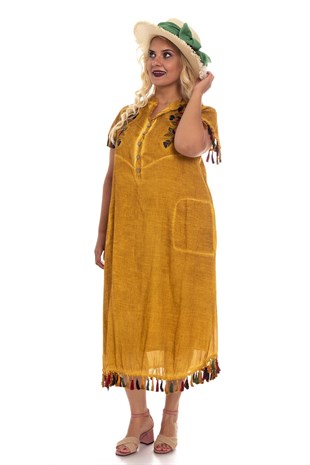 2053 Kol Ve EtekUcu Püskül Viscon Batik Elbise