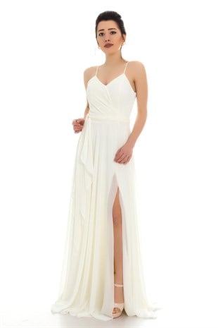 2057 KB İnce Askılı Derin Yırtmaçlı Şifon Uzun Elbise