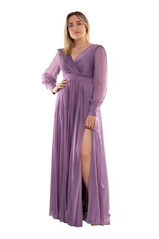 2082 Büyük Beden Kristal Şifon Kruvaze Yaka Yırtmaçlı Kollu Uzun Abiye