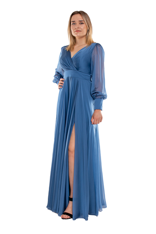 2082 Büyük Beden Kristal Şifon Kruvaze Yaka Yırtmaçlı Kollu Uzun Abiye