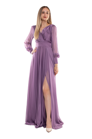 2082 Kristal Şifon Kruvaze Yaka Yırtmaçlı Kollu Uzun Abiye