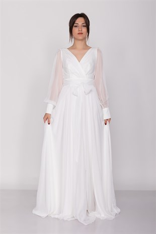 2082 Kristal Şifon Kruvaze Yaka Yırtmaçlı Kollu Uzun Abiye