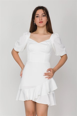 2087 KB Balon Kol Eteği Fırfırlı Saten Kısa Elbise