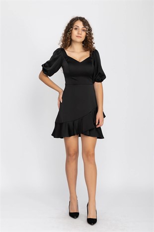 2087 KB Balon Kol Eteği Fırfırlı Saten Kısa Elbise